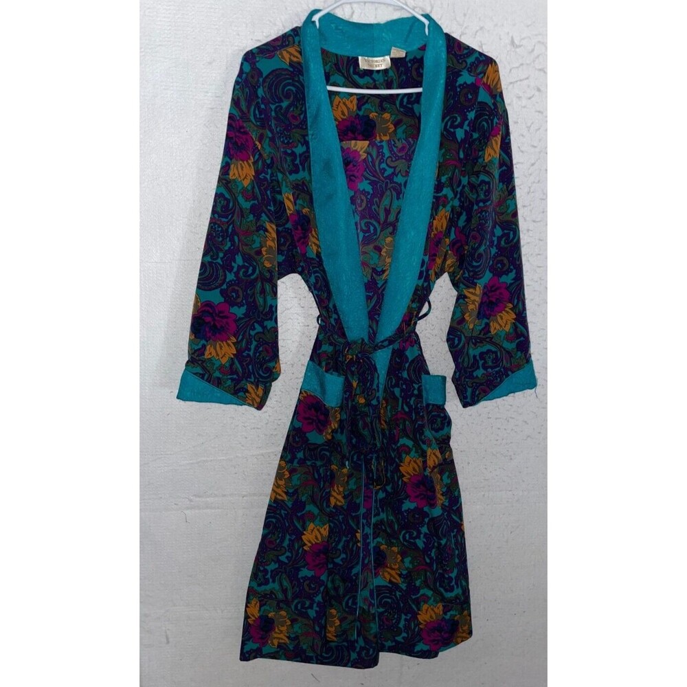 Vintage Victoria Secret Womens M Robe Gold Label Satin Floral Kimono Green Teal